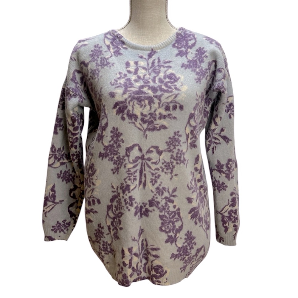 Vtg Jason Maxwell Angora Wool Sweater M Floral Bow Print Purple Blue Coquette